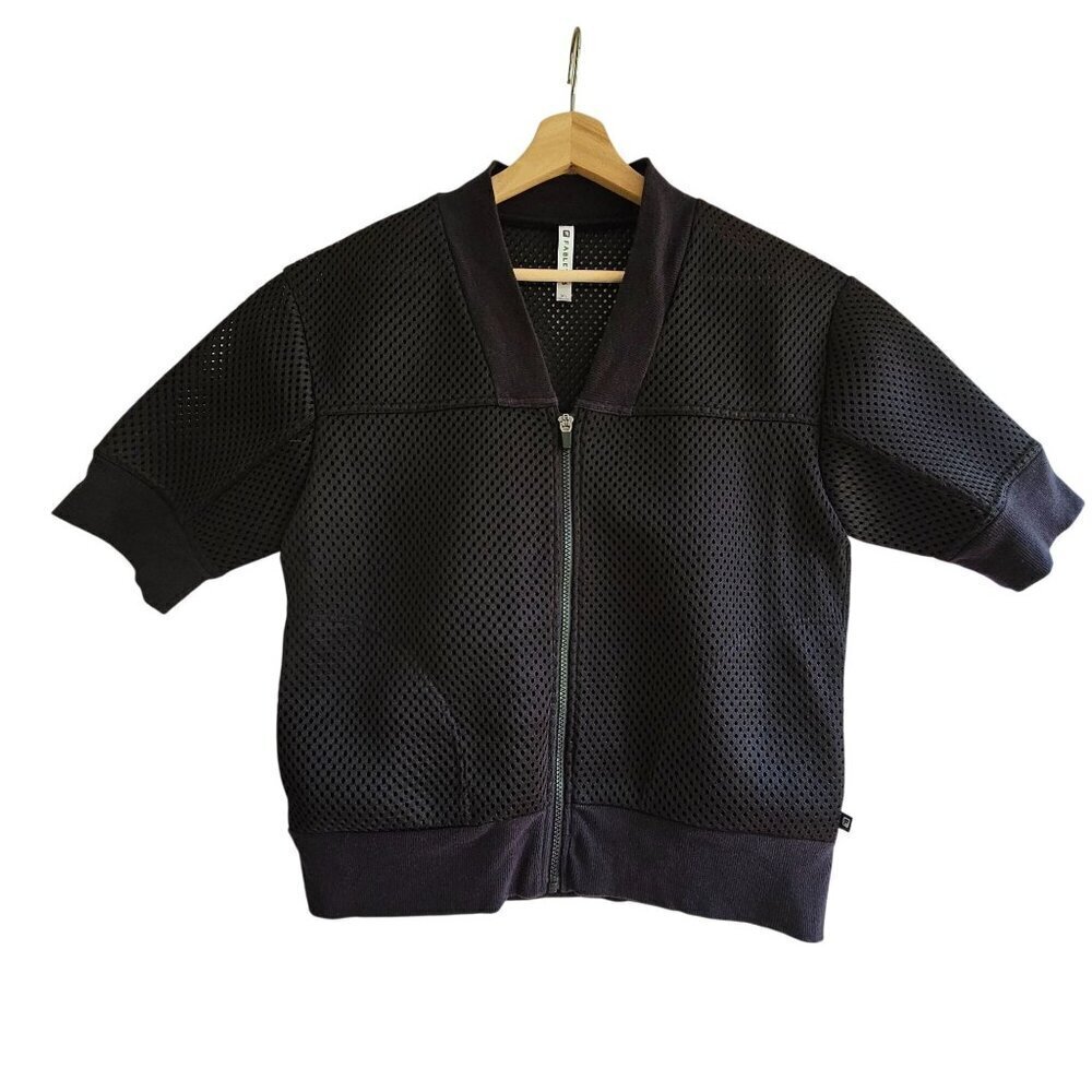 Fabletics Black Mesh Zip Up Short Sleeve Bomber Jacket Athleisure Tag XL Fits M